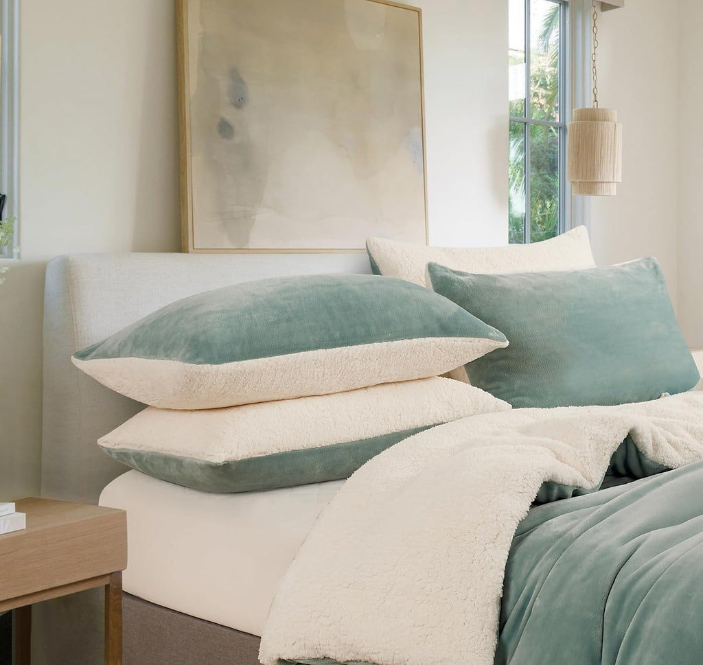 Teddy Sherpa Standard Pillowcases - Twin-Pack - Sage Green - 48cm x 73cm