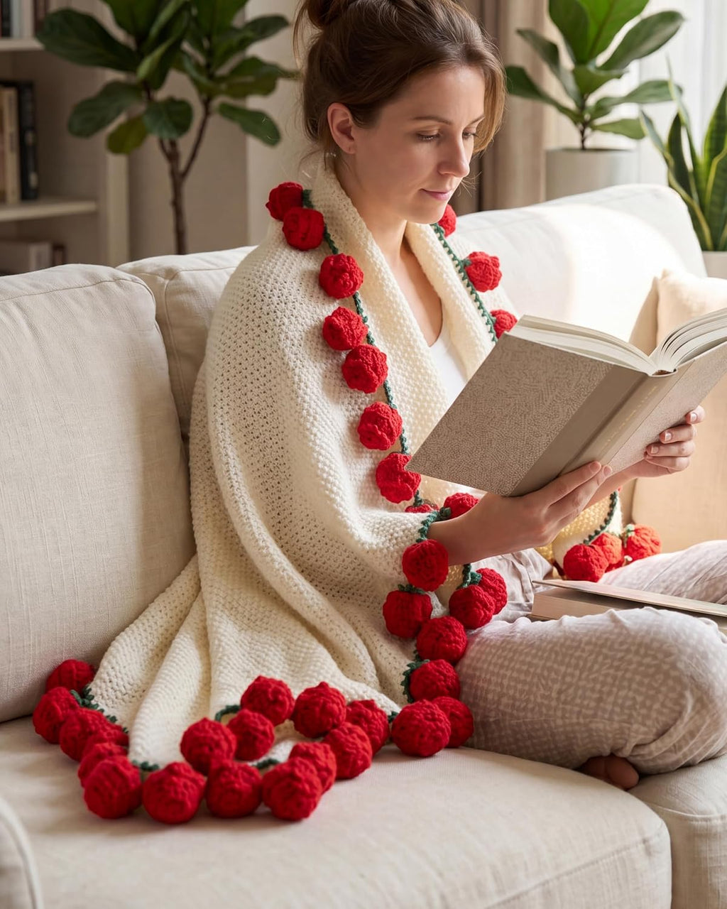 3-in-1 Round Rosebud Knit Throw - Red, 130cm Diameter