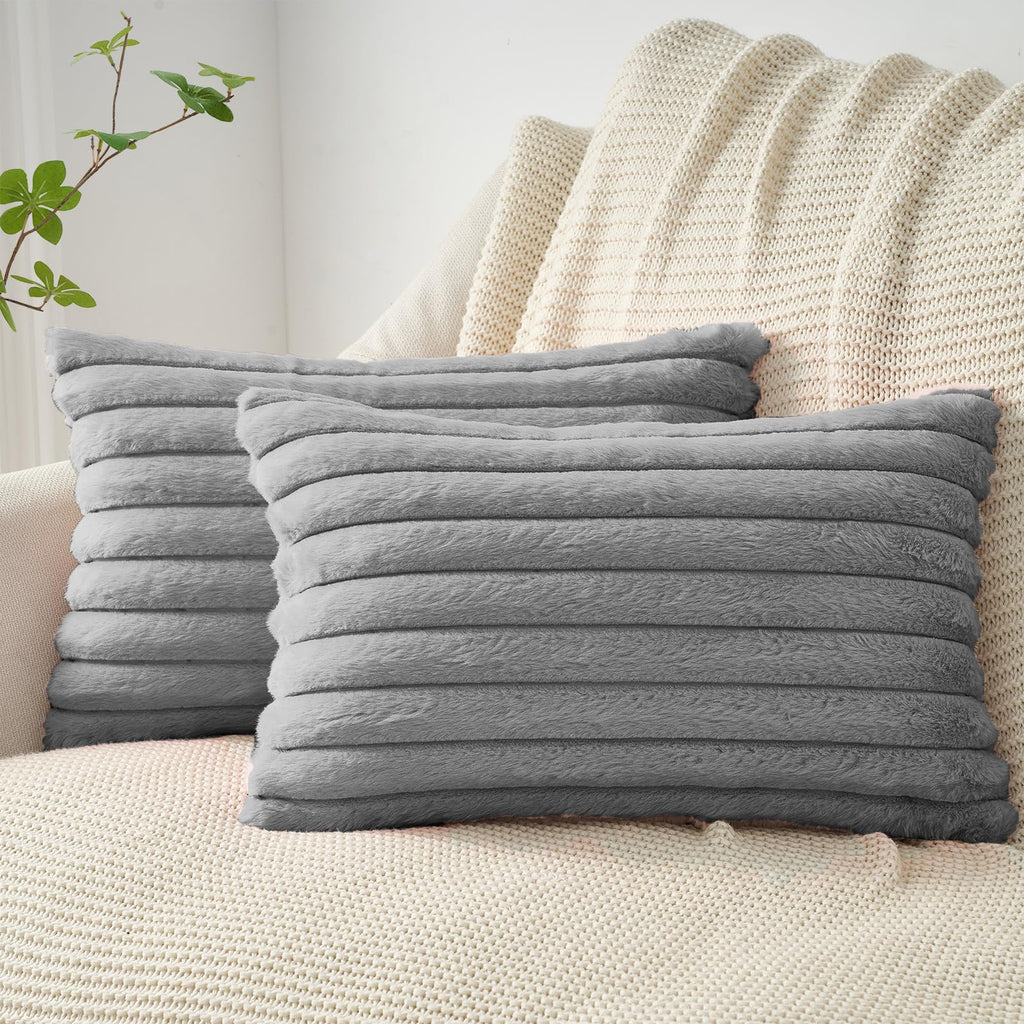 Faux Fur Cushion Covers - Twin-Pack - Grey - 30cm x 50cm