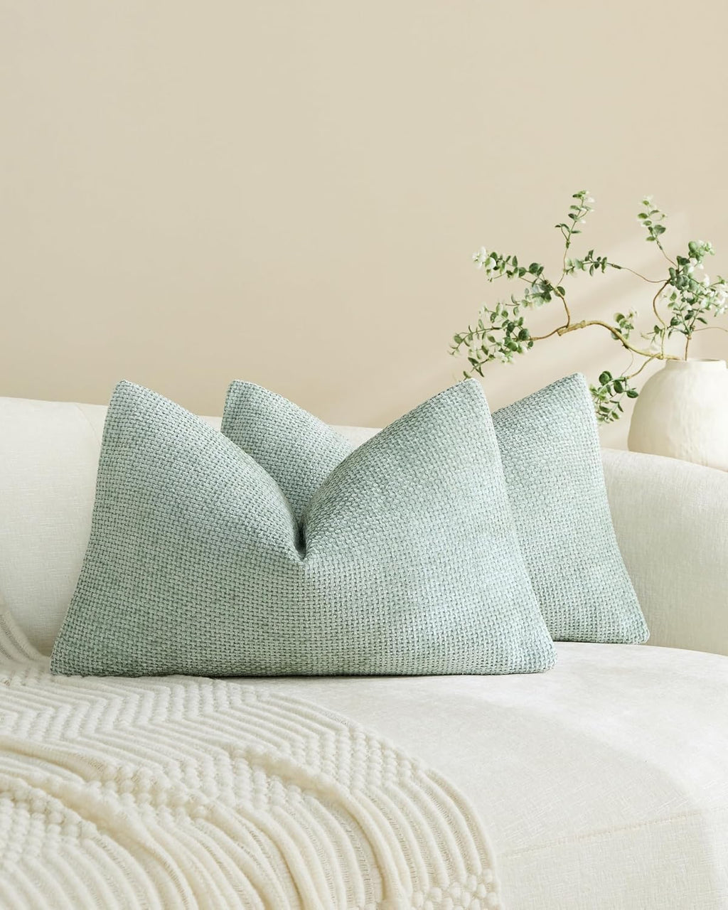 Chenille Grid Cushion Covers - Pack of 2 - Sage, 30cm x 50cm