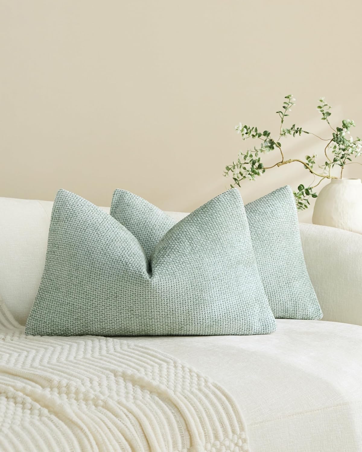 Chenille Grid Cushion Covers - Pack of 2 - Sage, 30cm x 50cm
