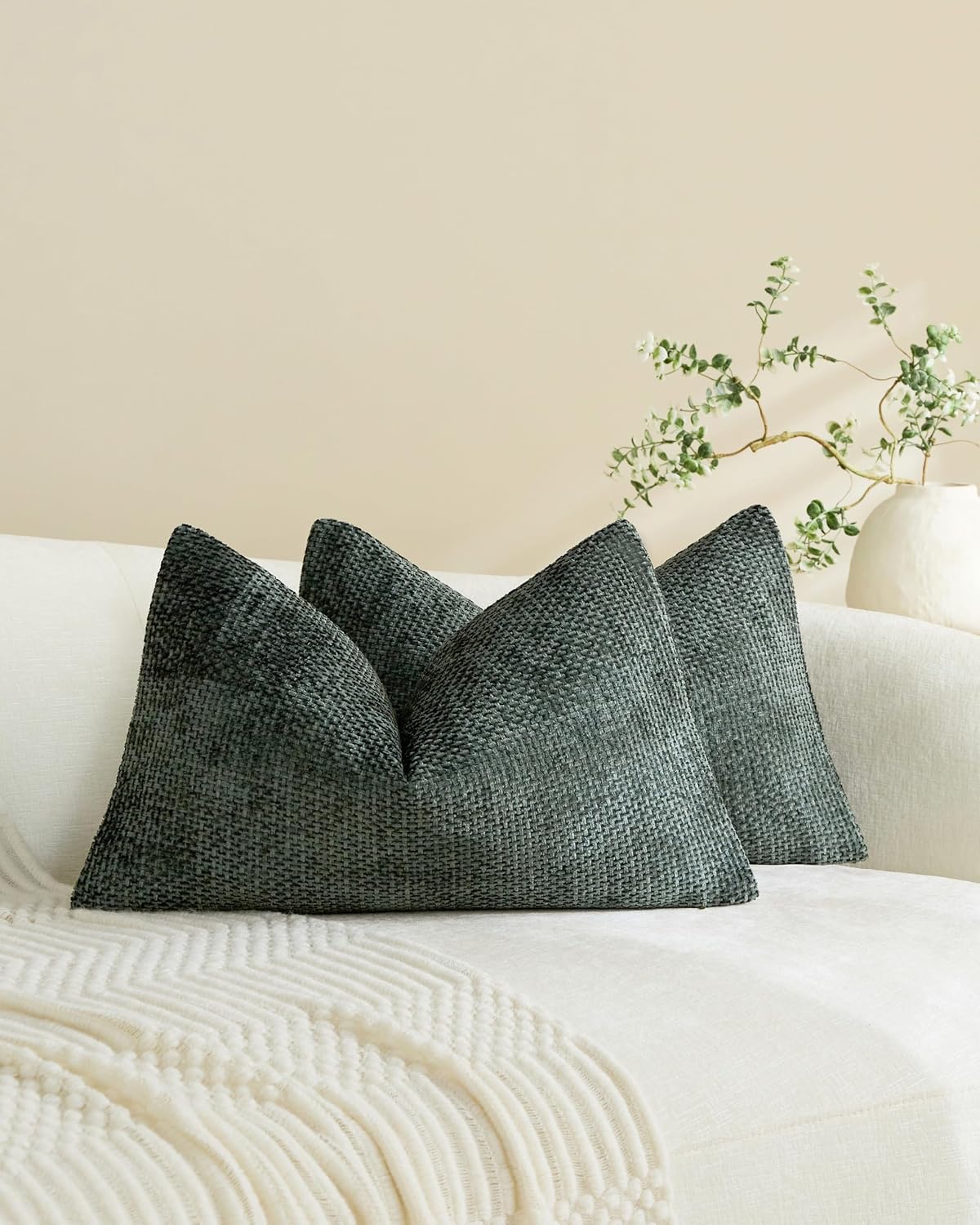 Chenille Grid Cushion Covers - Pack of 2 - Deep Green, 30cm x 50cm
