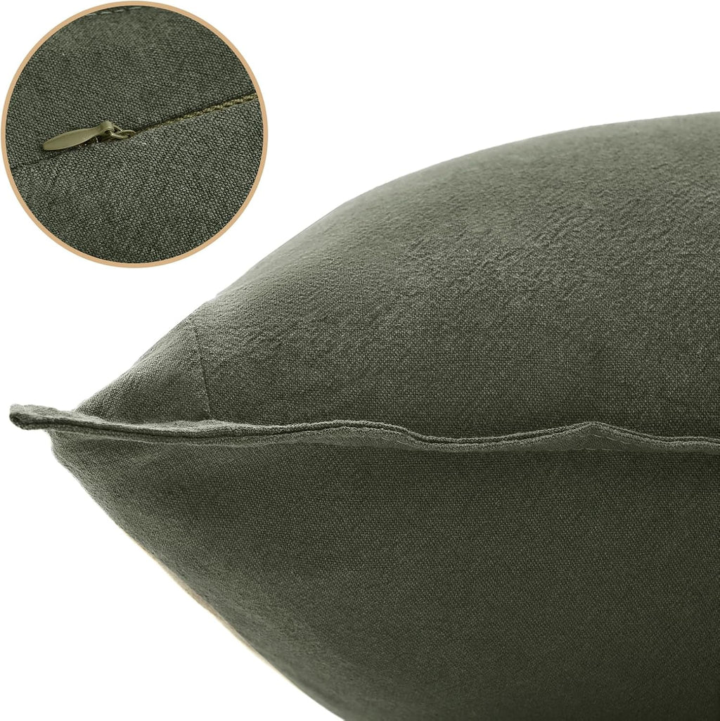 Linen-Cotton European Pillowcases - Soft & Breathable with Hidden Zipper Design - Khaki Green, 65x65cm