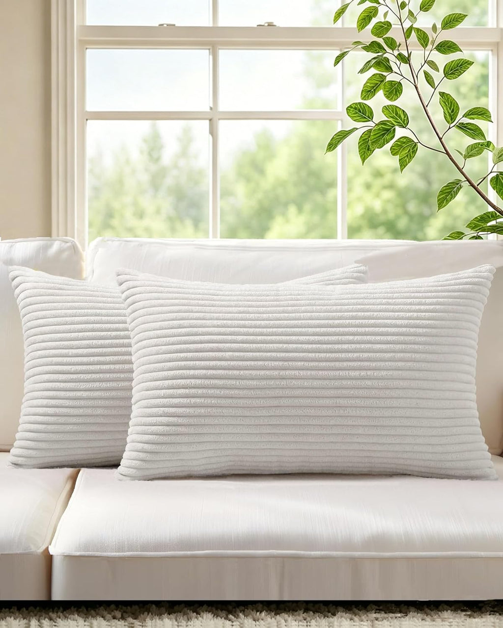 Corduroy Velvet Cushion Covers - Pack of 2 - White, 30cm x 50cm