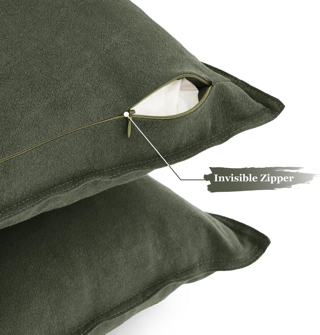 Linen-Cotton European Pillowcases - Soft & Breathable with Hidden Zipper Design - Khaki Green, 65x65cm