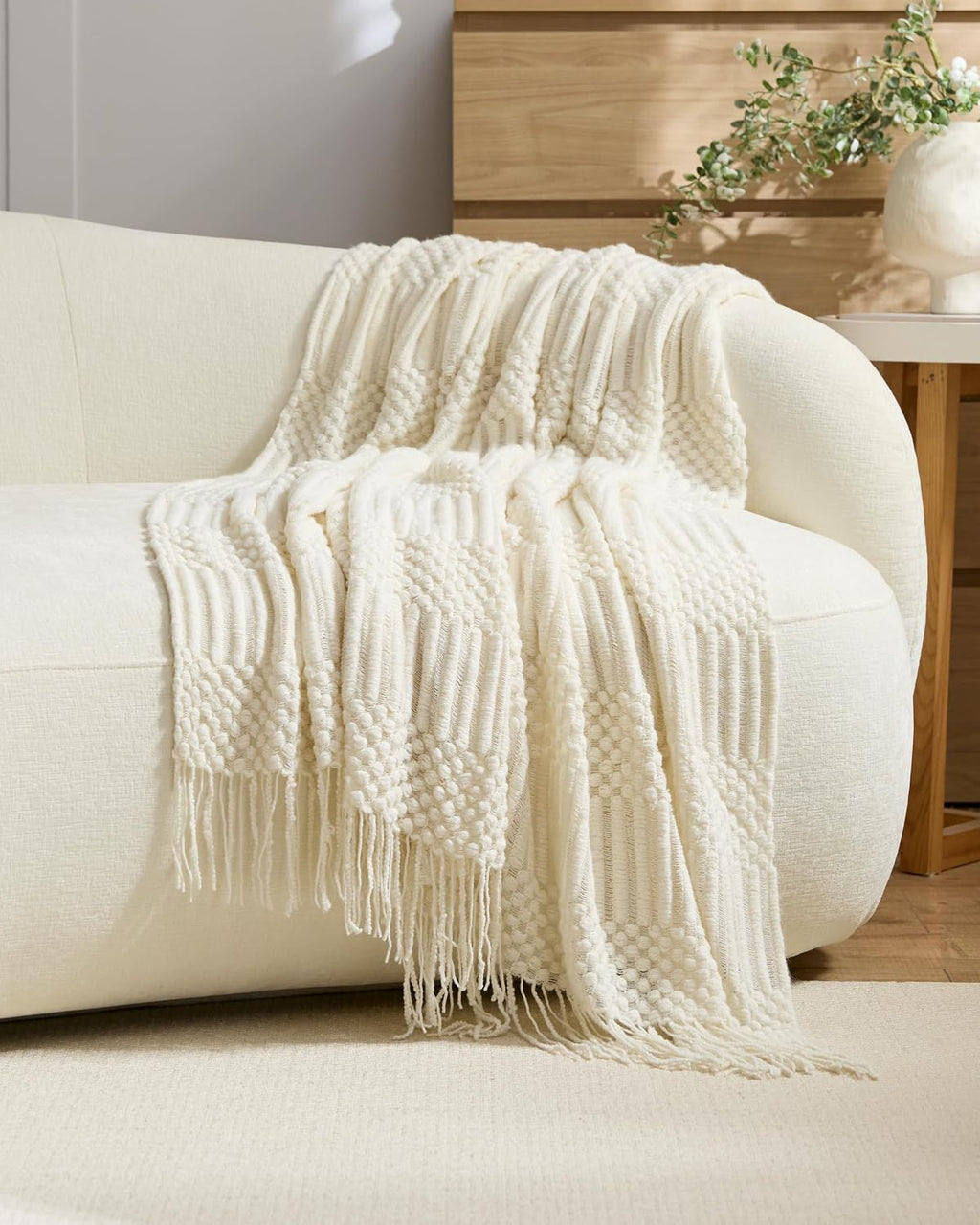 Bobble Textured Knitted Throw - Snow, 130x170cm