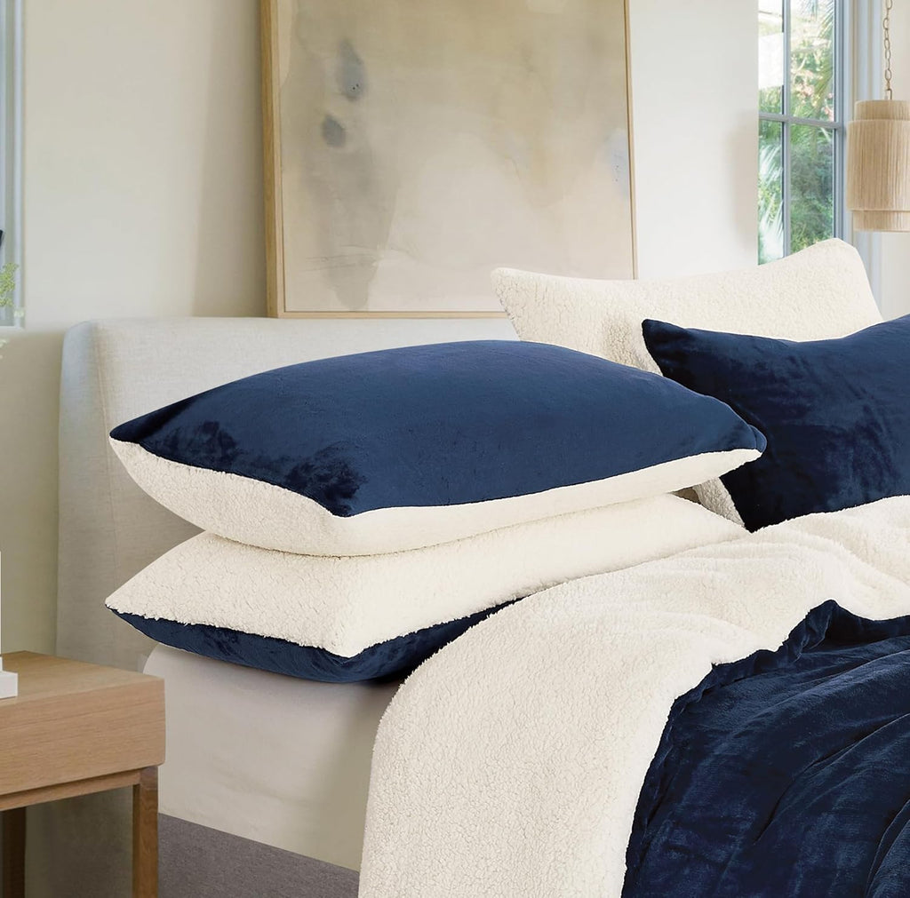 Teddy Sherpa Standard Pillowcases - Twin-Pack - Navy Blue - 48cm x 73cm