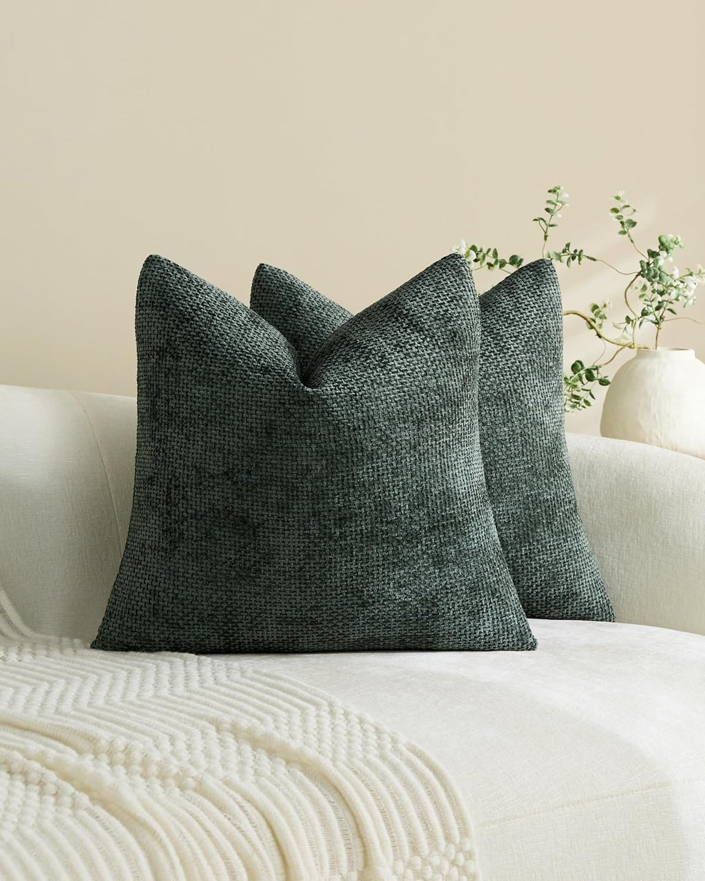 Chenille Grid Cushion Covers - Pack of 2 - Deep Green, 45cm x 45cm