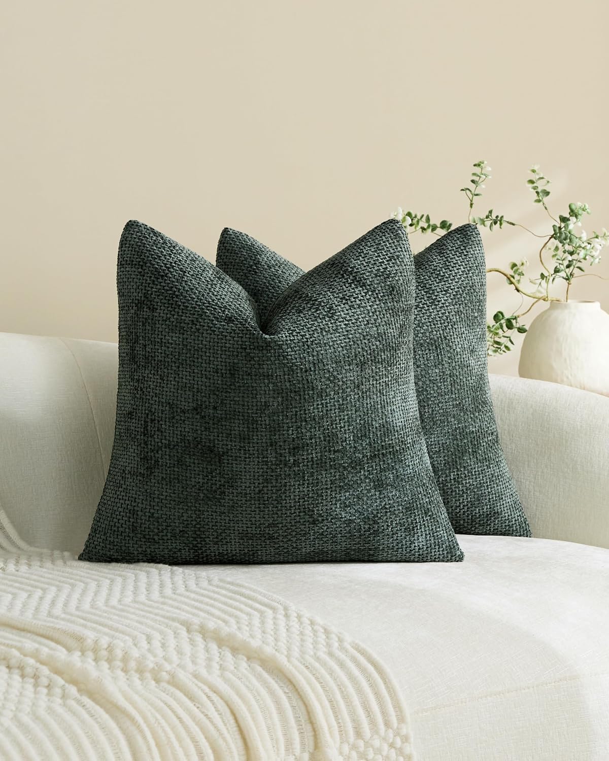 Chenille Grid Cushion Covers - Pack of 2 - Deep Green, 45cm x 45cm