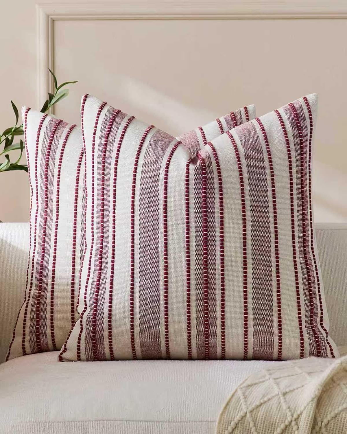 Heritage Linear Woven Cushion Covers - Twin-Pack - Burgundy, 45cm x 45cm