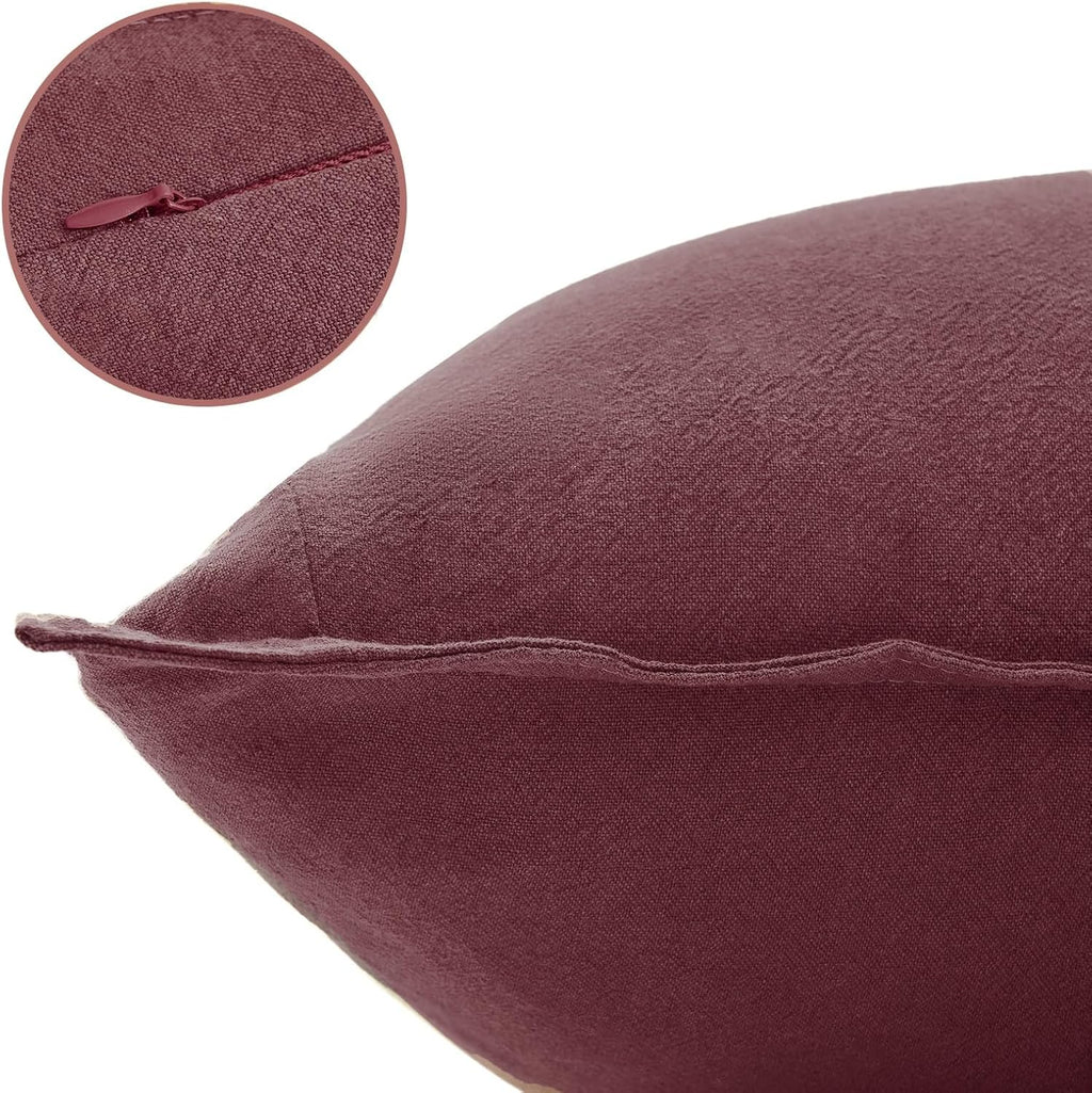 Linen-Cotton European Pillowcases - Soft & Breathable with Hidden Zipper Design - Burgundy, 65x65cm