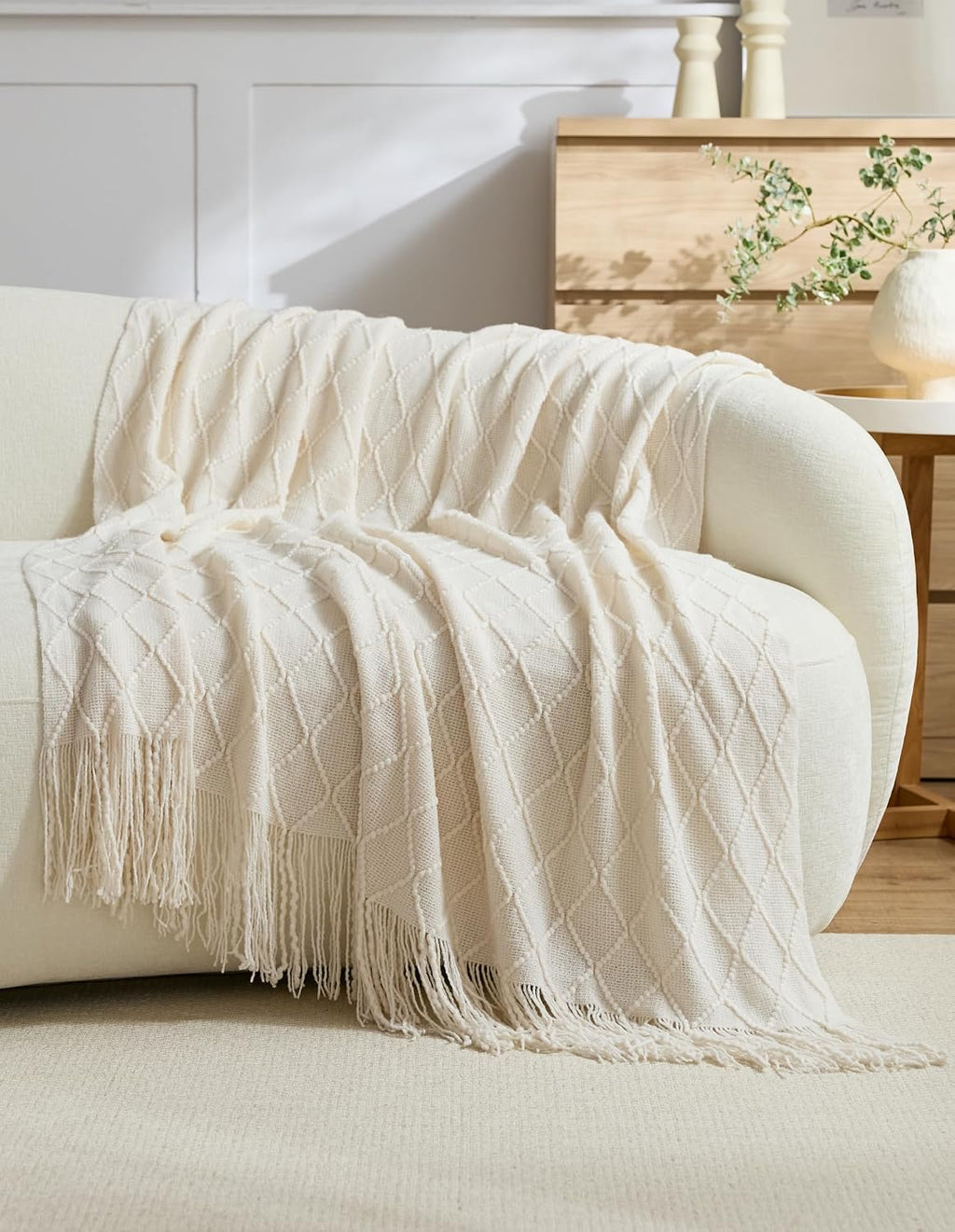 Micro Plush Diamond Knitted Throw Blanket, Snow