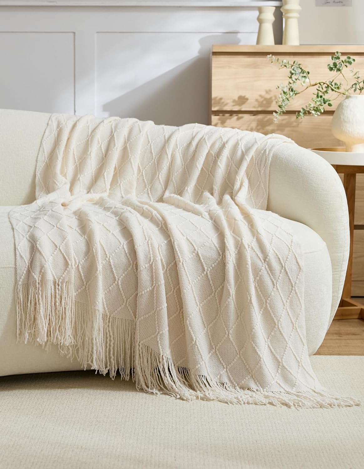 Micro Plush Diamond Knitted Throw Blanket, Snow