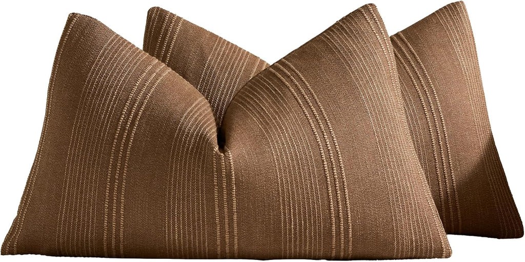 Linen Blend Striped Cushion Covers, Set of 2, Tobacco, 30x50cm