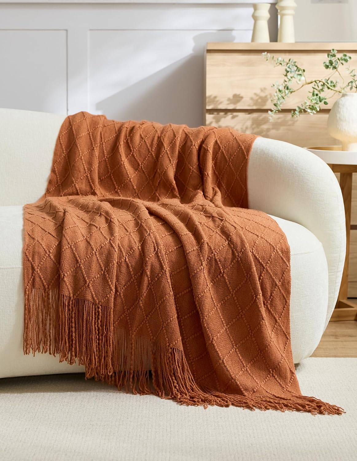 Micro Plush Diamond Knitted Throw Blanket, Terracotta