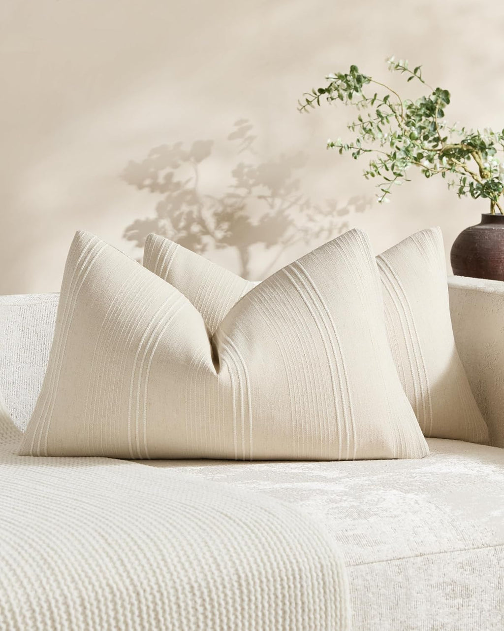 Linen Blend Striped Cushion Covers, Set of 2, Beige, 30x50cm
