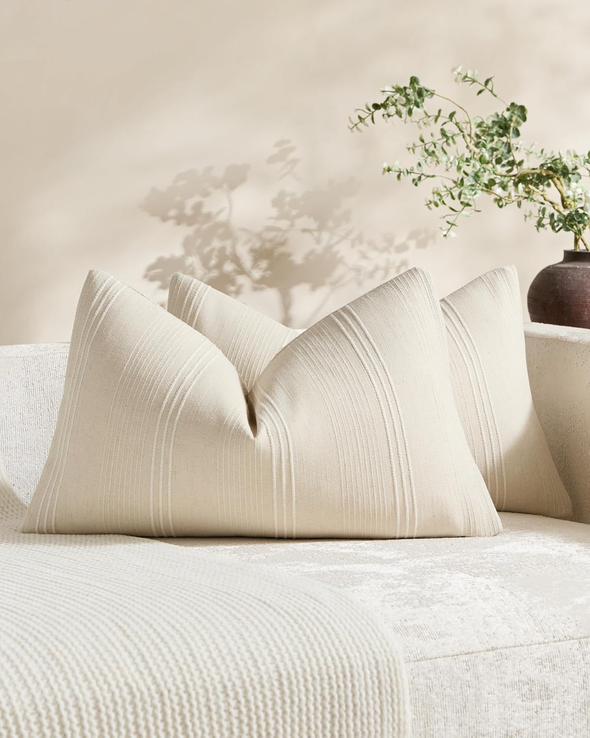 Linen Blend Striped Cushion Covers, Set of 2, Beige, 30x50cm