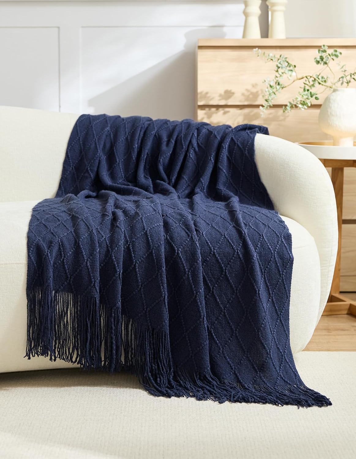 Micro Plush Diamond Knitted Throw Blanket, Navy Blue