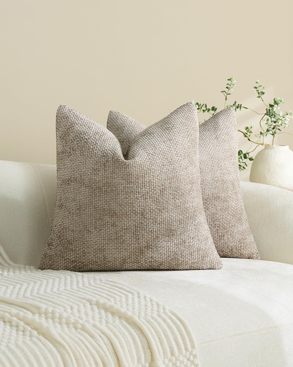 Chenille Grid Cushion Covers - Pack of 2 - Taupe, 50cm x 50cm