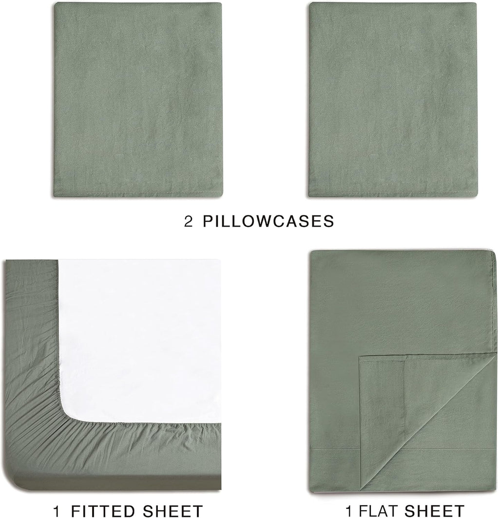 Vintage Washed Microfibre Sheet Set with Pillowcases - Khaki Green