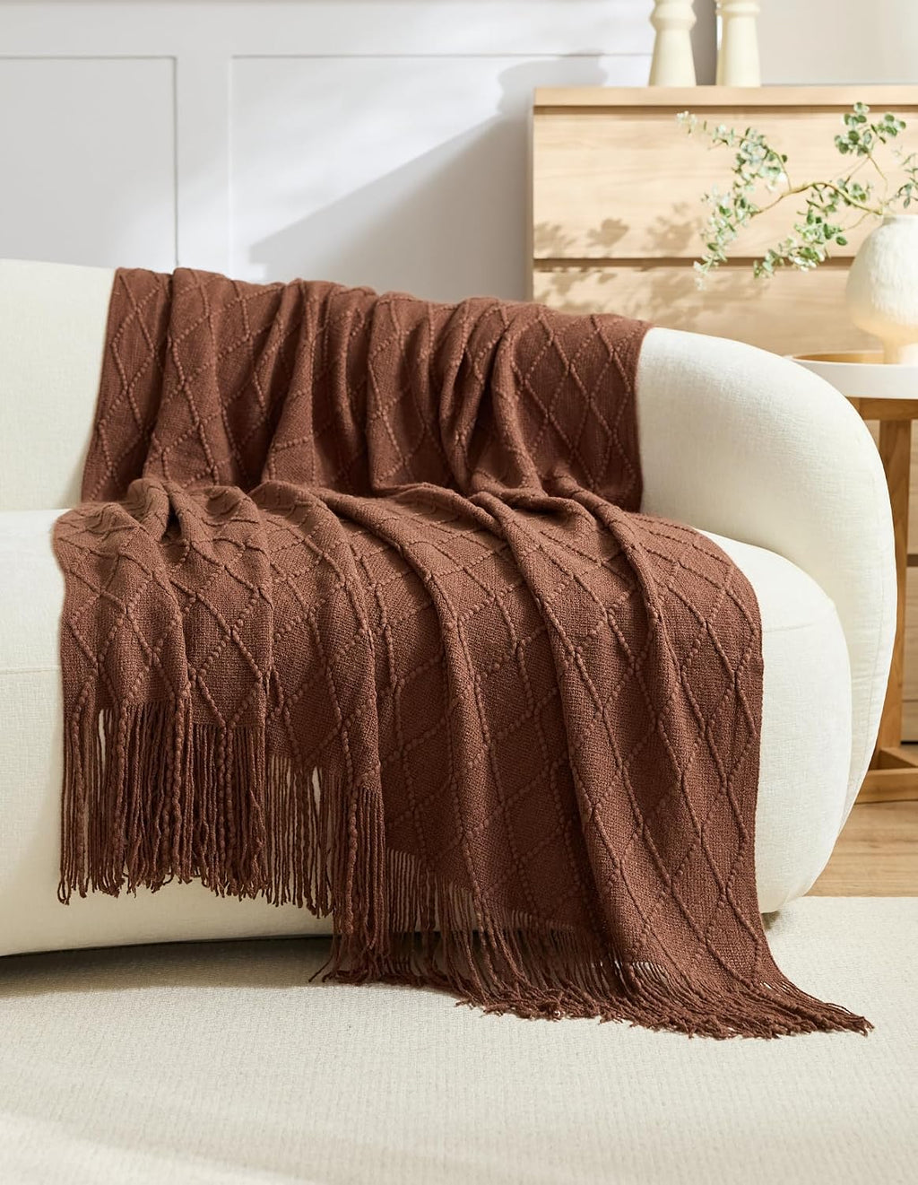 Micro Plush Diamond Knitted Throw Blanket, Brown