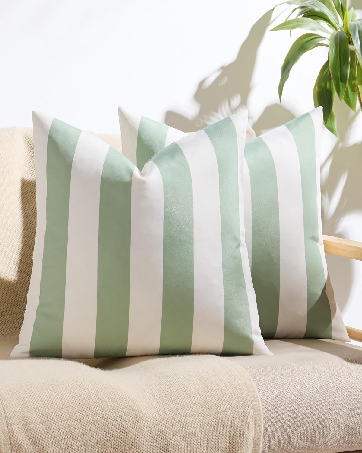 Striped Outdoor Waterproof Cushion Covers Sage Green 45x45cm