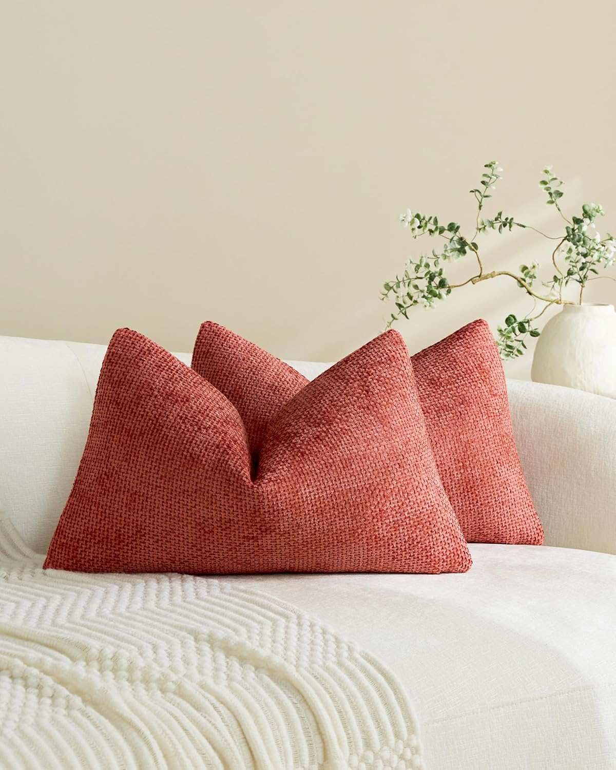 Chenille Grid Cushion Covers - Pack of 2 - Terracotta, 30cm x 50cm