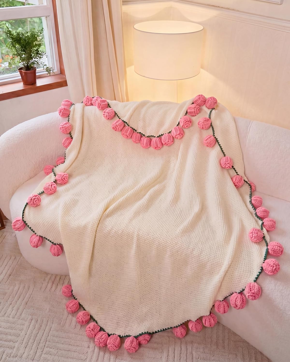 3-in-1 Round Rosebud Knit Throw - Pink, 130cm Diameter