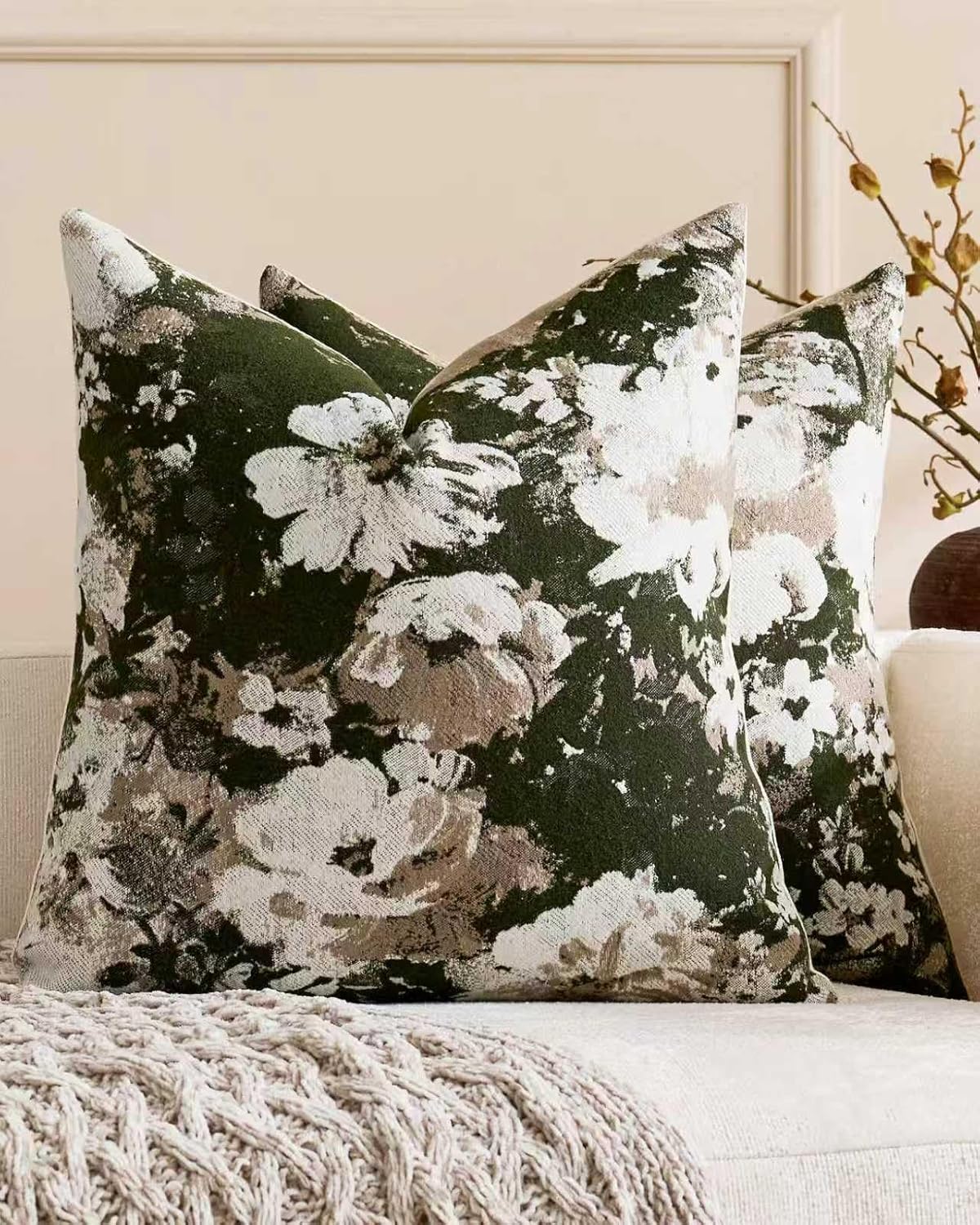 Vintage Floral Chenille Cushion Covers - Twin-Pack - Moss Green, 45cm x 45cm