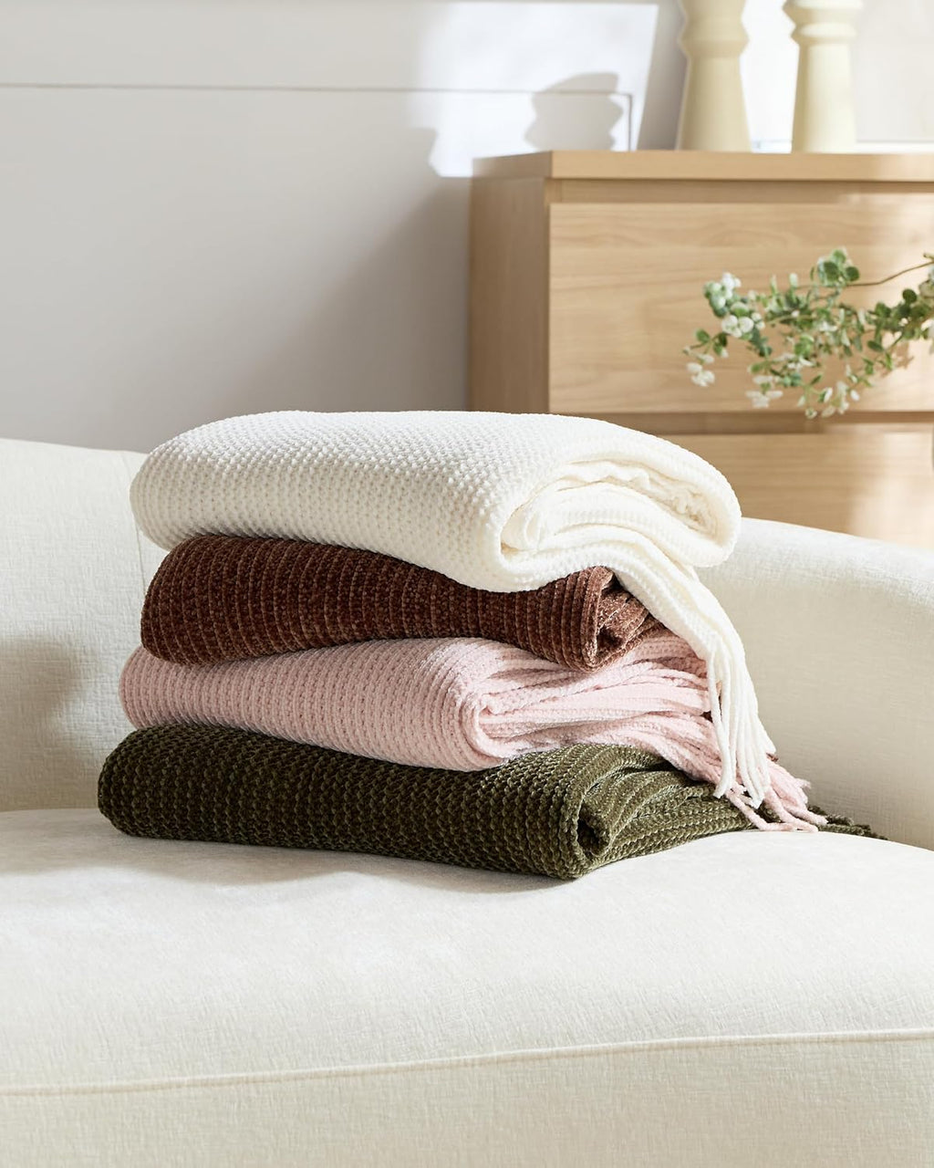 Chenille Knitted Throw - Khaki Green, 130x170cm