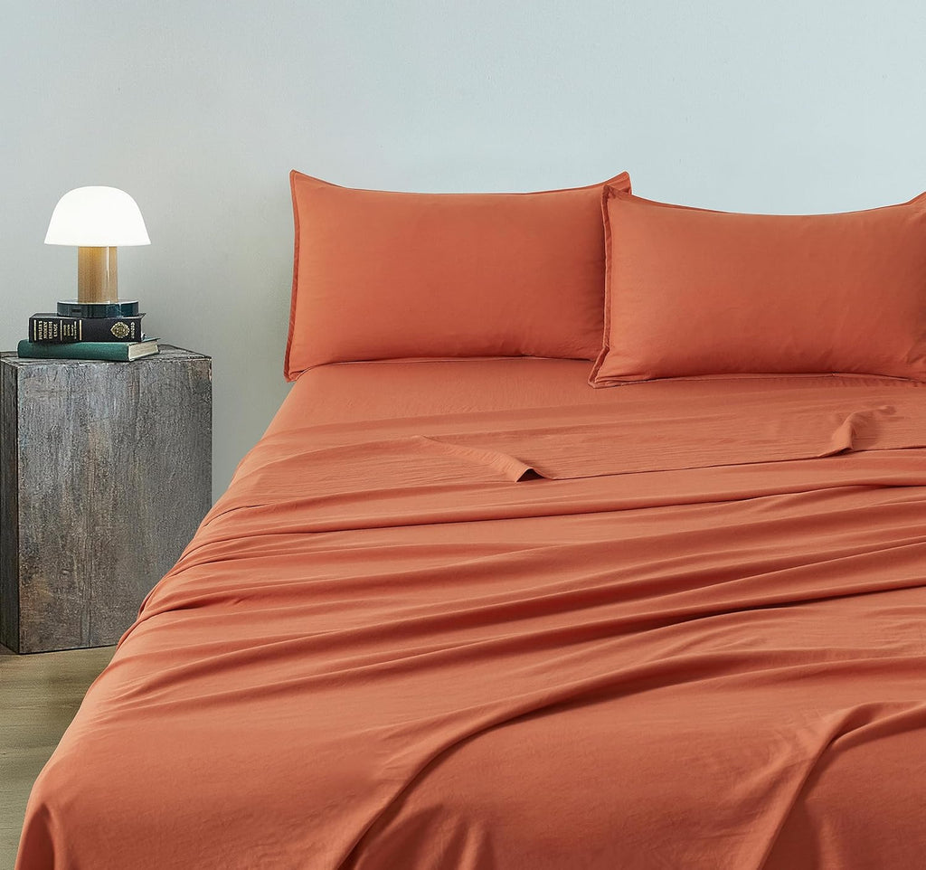 Vintage Washed Microfibre Sheet Set with Pillowcases - Terracotta