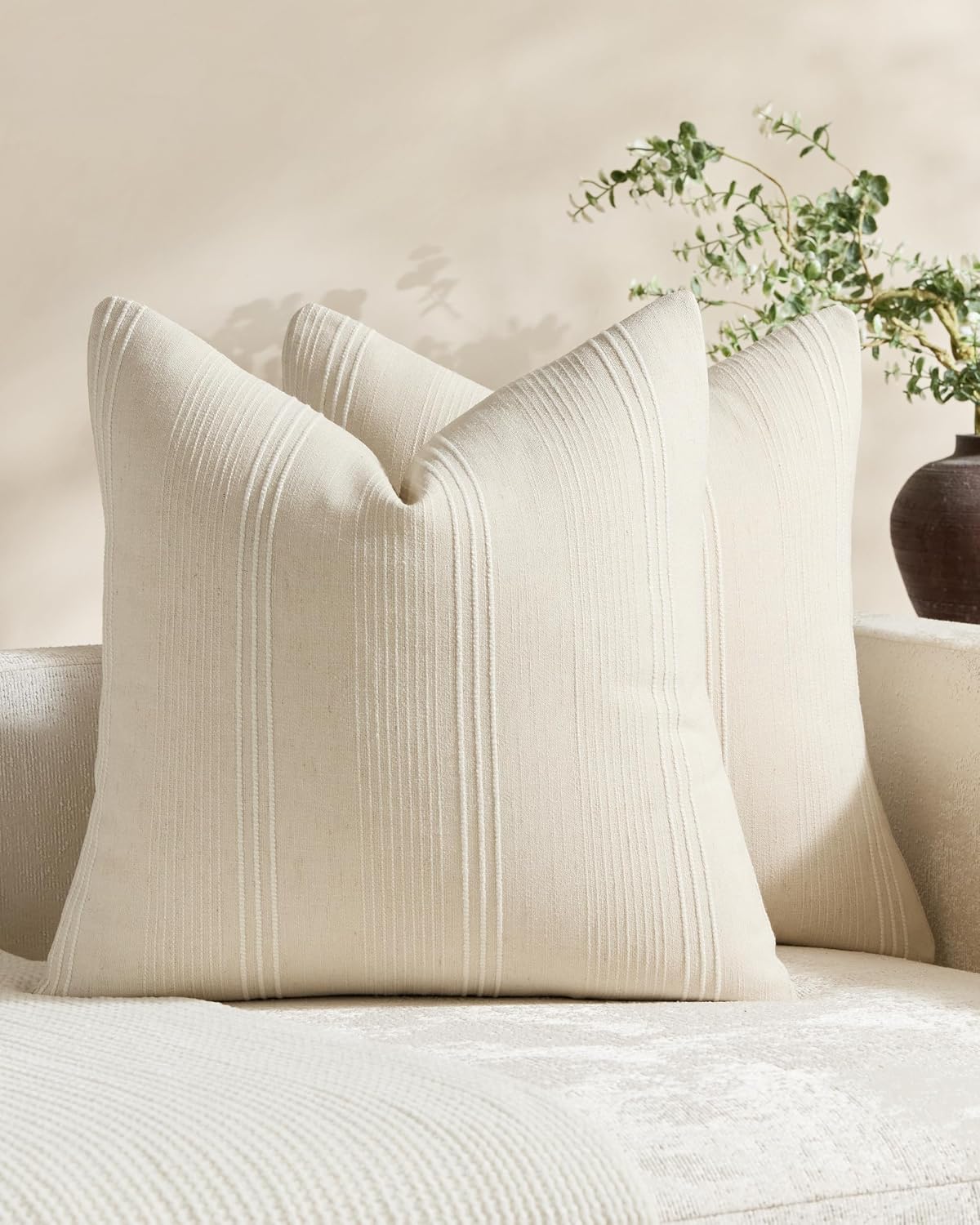 Linen Blend Striped Cushion Covers, Set of 2, Beige, 45x45cm