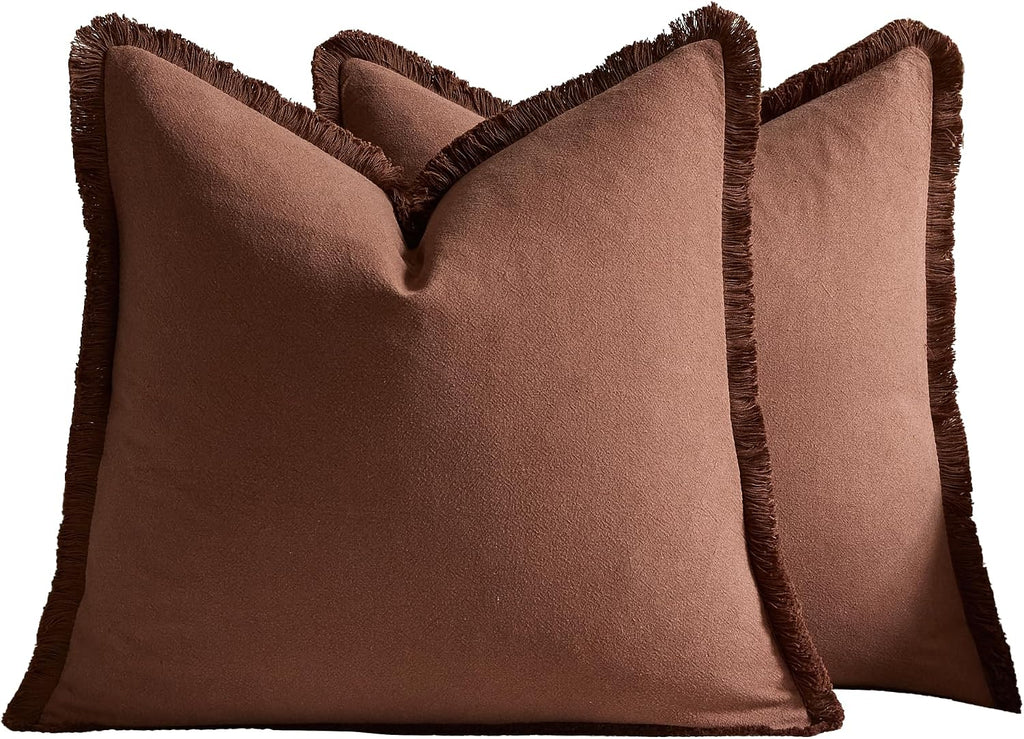 Linen-Cotton Cushion Covers with Tassels, Set of 2, Cocoa, 45x45cm