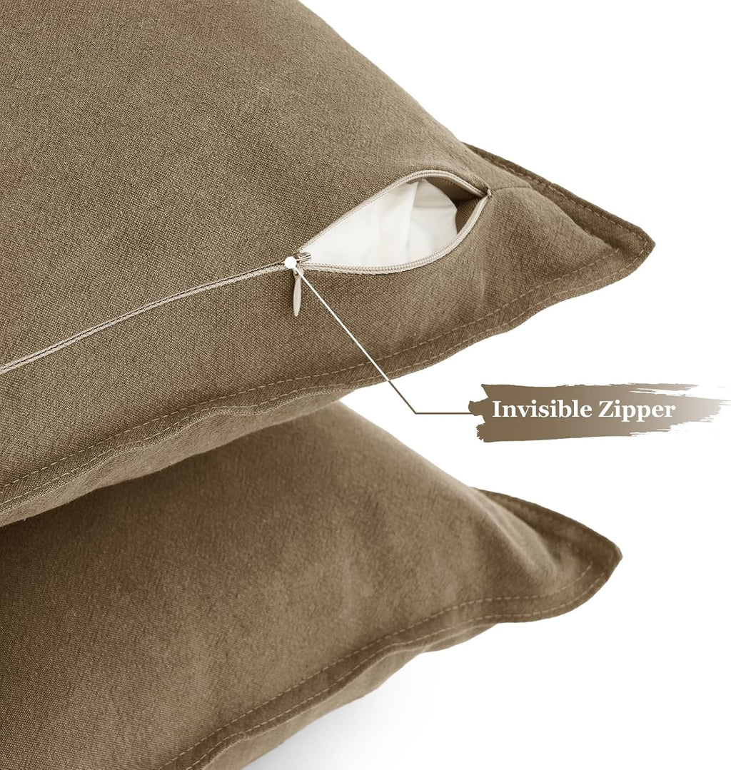 Linen-Cotton European Pillowcases - Soft & Breathable with Hidden Zipper Design - Tan, 65x65cm
