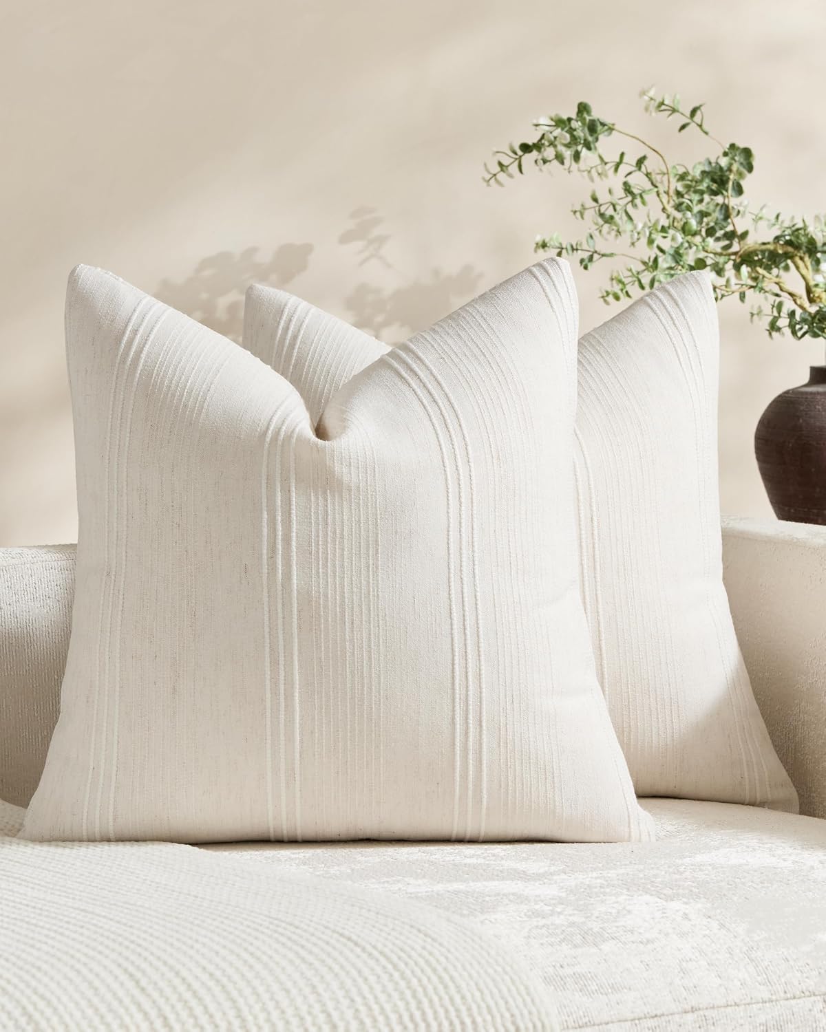 Linen Blend Striped Cushion Covers, Set of 2, Snow, 45x45cm