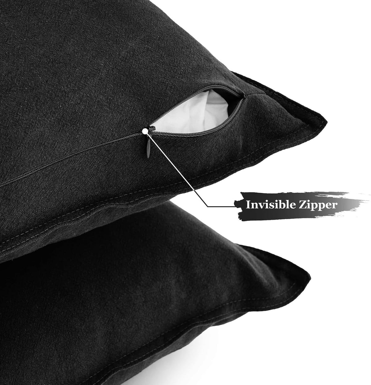 Linen-Cotton European Pillowcases - Soft & Breathable with Hidden Zipper Design - Black, 65x65cm