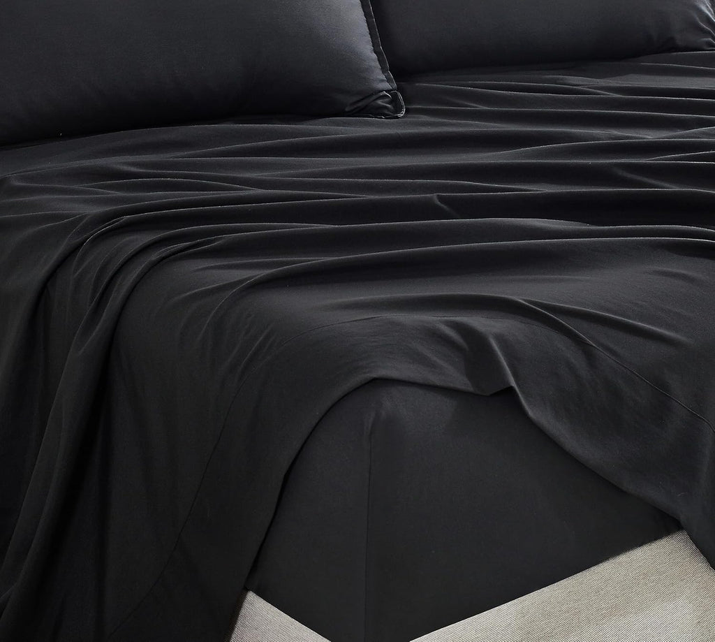 Vintage Washed Microfibre Sheet Set with Pillowcases - Black