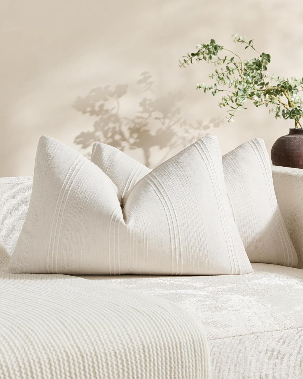 Linen Blend Striped Cushion Covers, Set of 2, Snow, 30x50cm