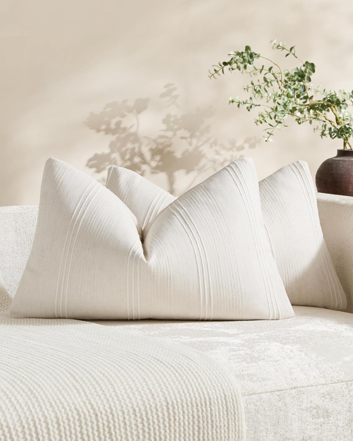 Linen Blend Striped Cushion Covers, Set of 2, Snow, 30x50cm