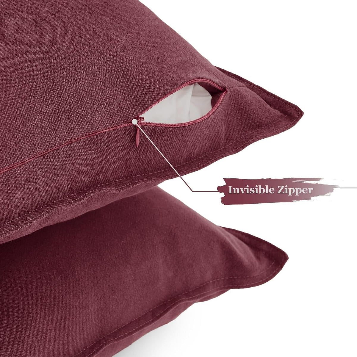 Linen-Cotton European Pillowcases - Soft & Breathable with Hidden Zipper Design - Burgundy, 65x65cm