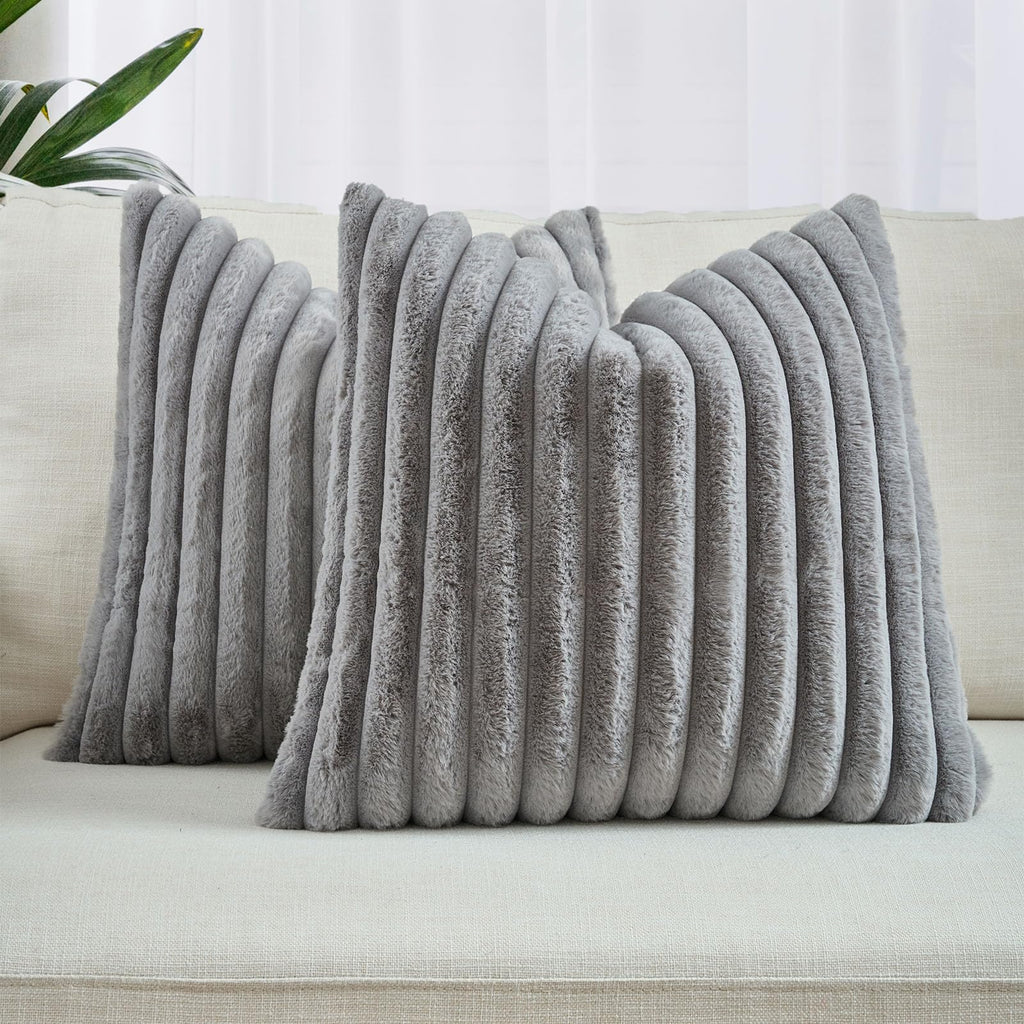 Faux Fur Cushion Covers - Twin-Pack - Grey - 45cm x 45cm