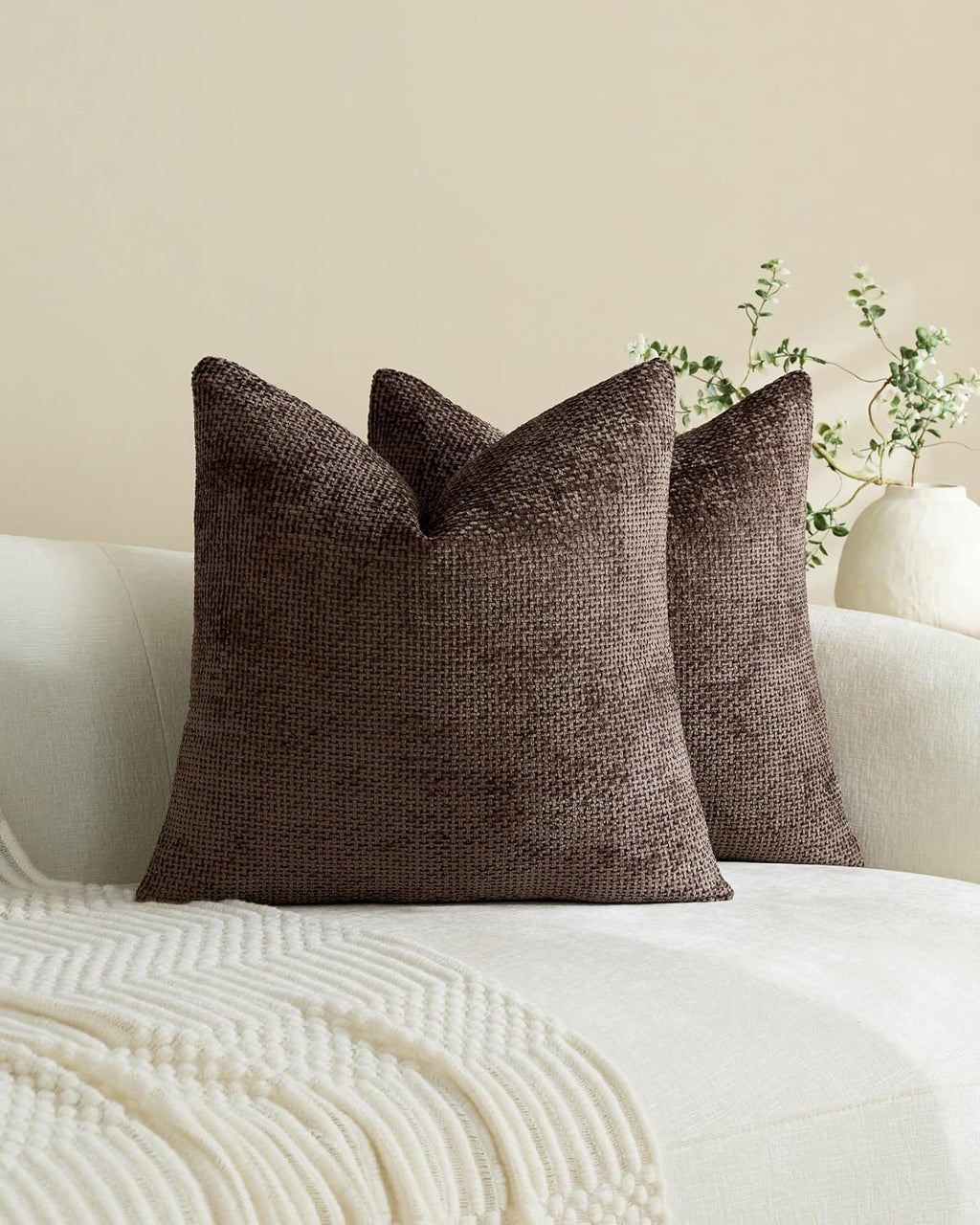 Chenille Grid Cushion Covers - Pack of 2 - Brown, 50cm x 50cm