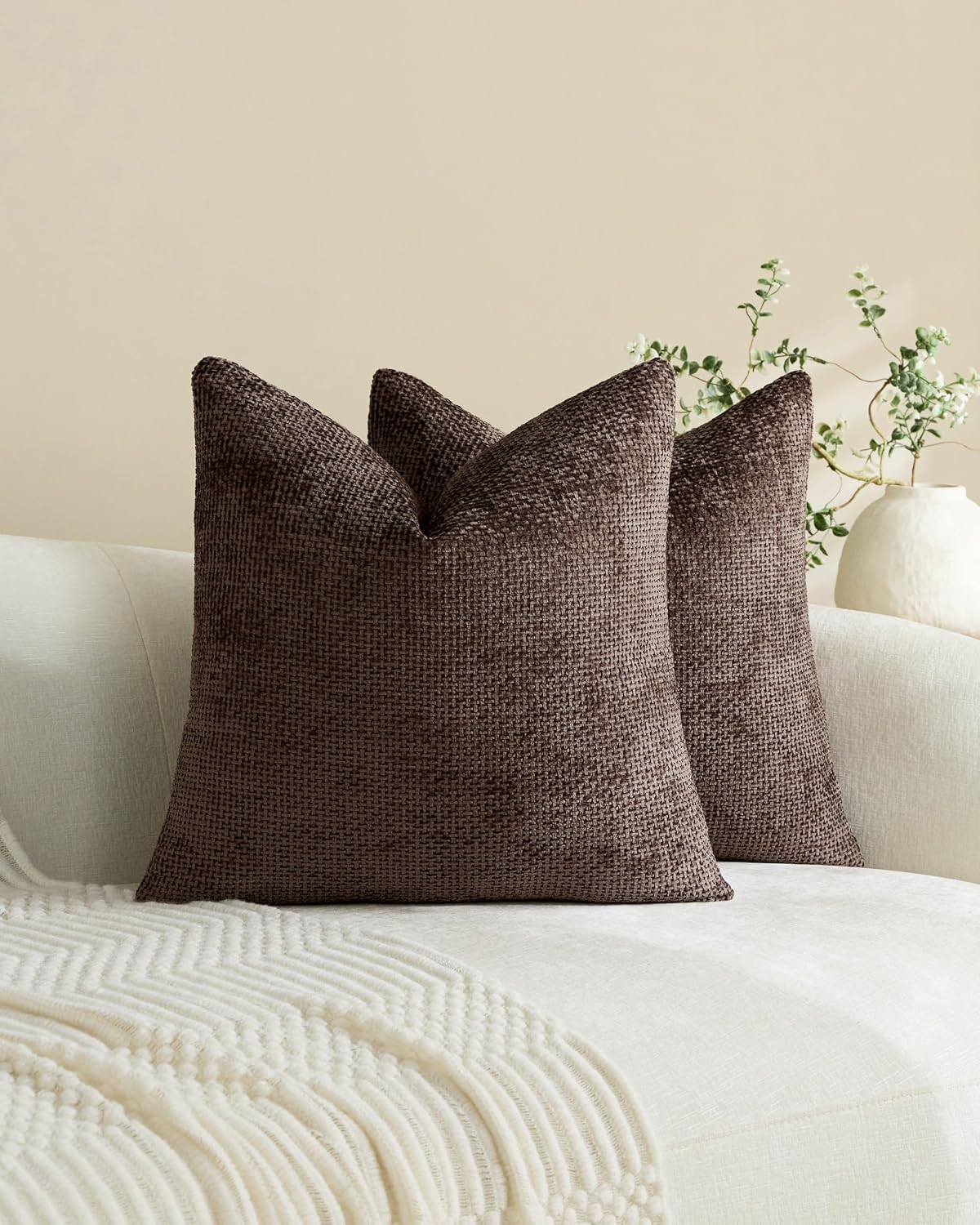 Chenille Grid Cushion Covers - Pack of 2 - Brown, 50cm x 50cm