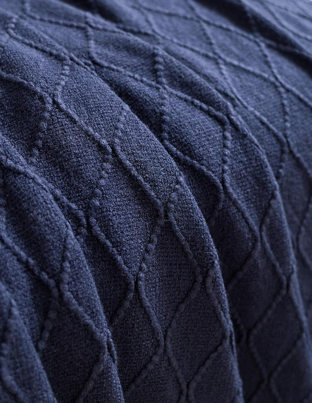 Micro Plush Diamond Knitted Throw Blanket, Navy Blue