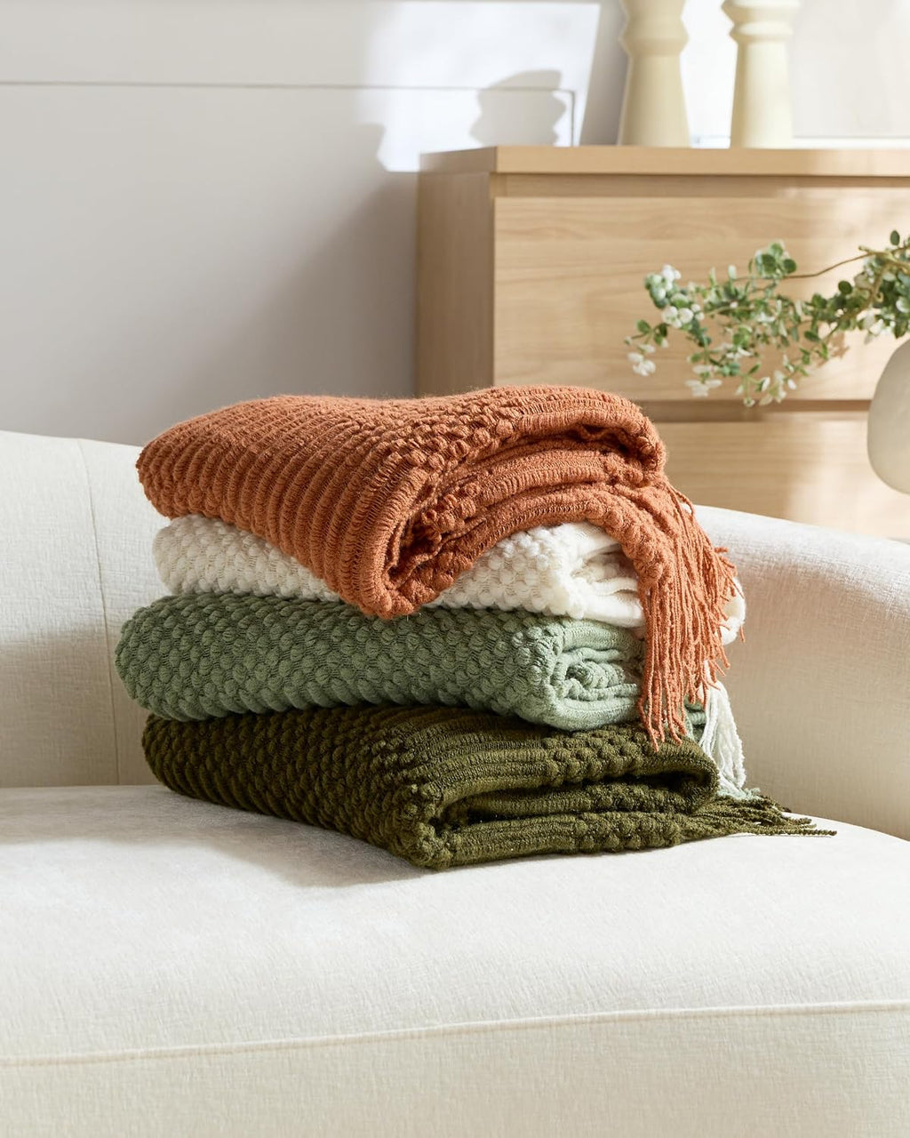 Bobble Textured Knitted Throw - Sage Green, 130x170cm