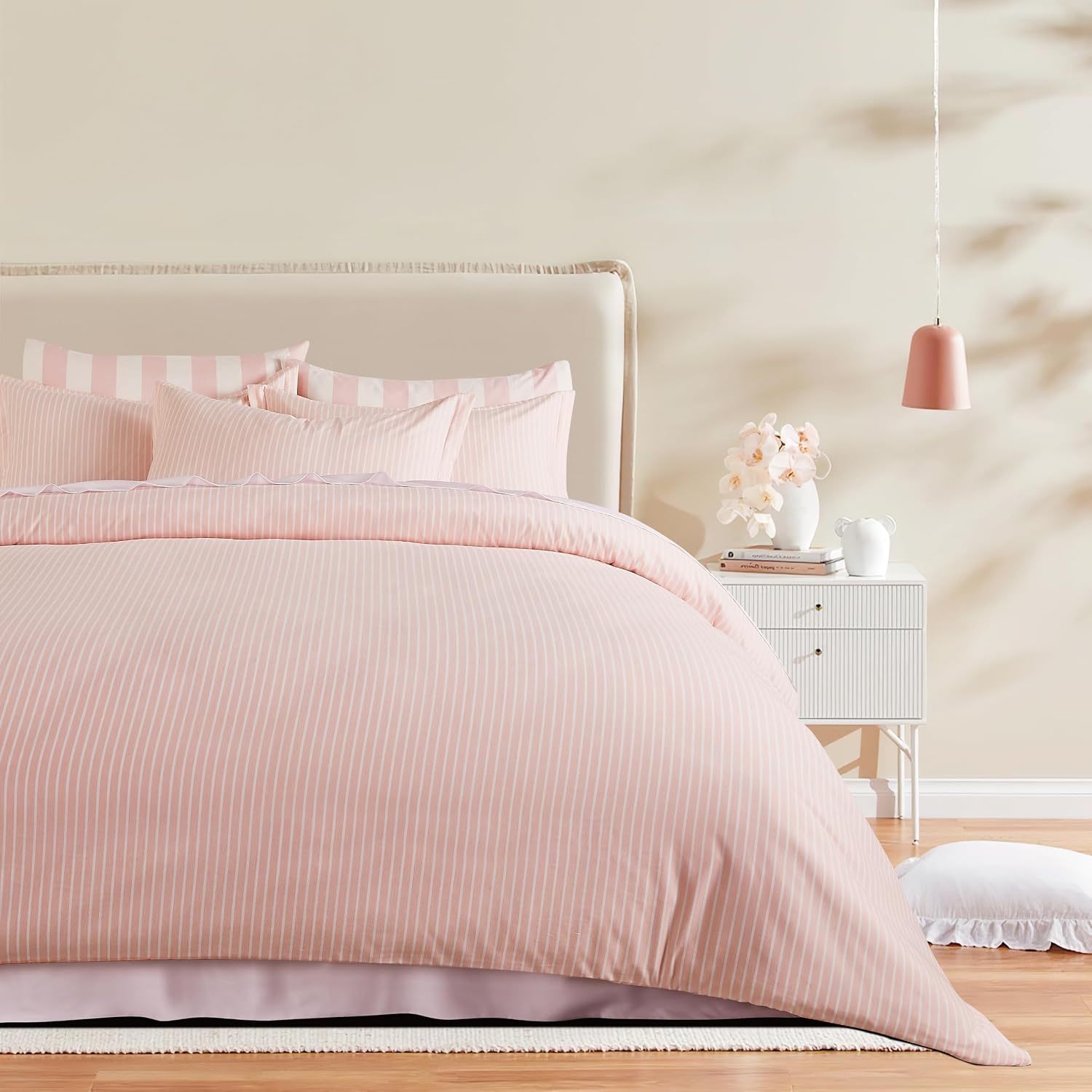Yarn-Dyed Microfibre Stripe Quilt Cover Set - Light Pink