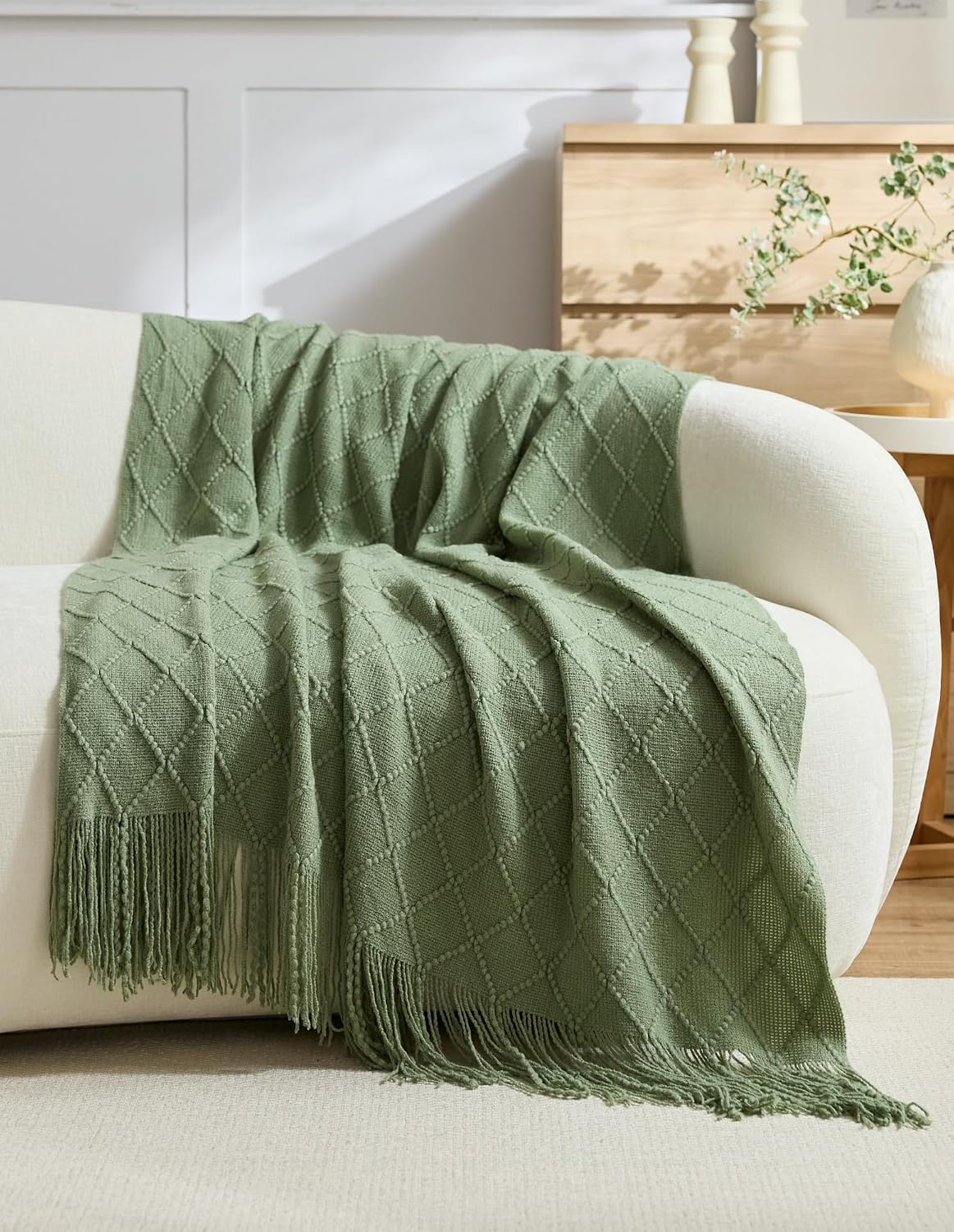 Micro Plush Diamond Knitted Throw Blanket, Sage