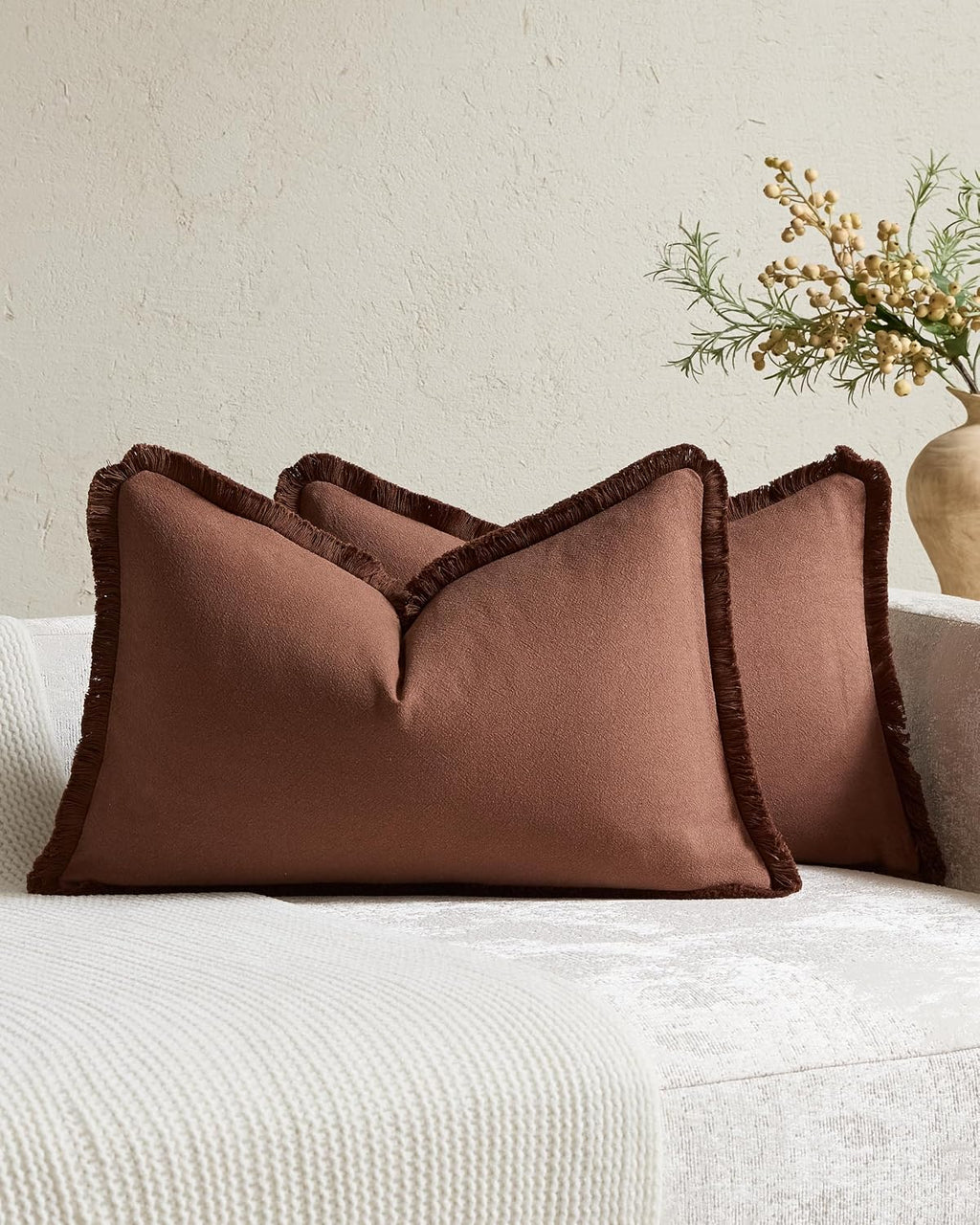 Linen-Cotton Cushion Covers with Tassels, Set of 2, Cocoa, 30x50cm