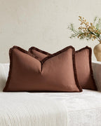 Linen-Cotton Cushion Covers with Tassels, Set of 2, Cocoa, 30x50cm