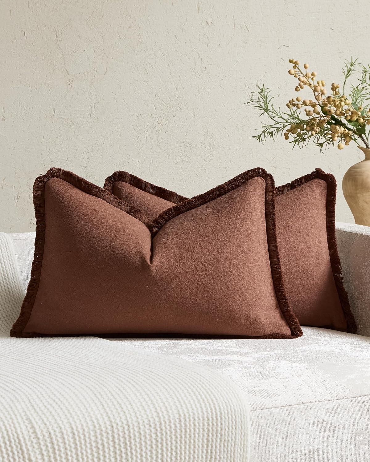 Linen-Cotton Cushion Covers with Tassels, Set of 2, Cocoa, 30x50cm